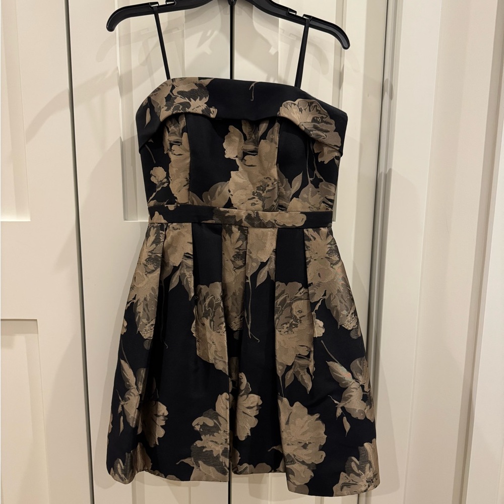 Xscape Black and Tan Floral Strapless Dress